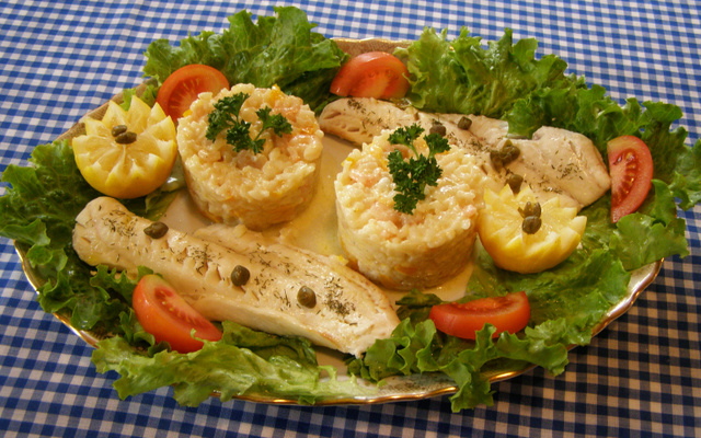 Risotto aux crevettes, accompagné de cabillaud