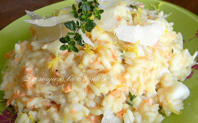 Risotto citronné au saumon et au crabe
