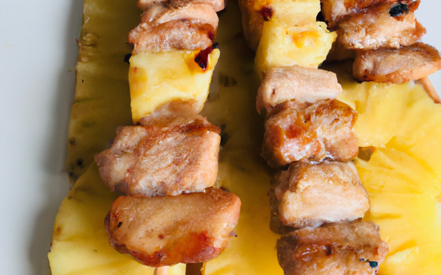 Brochette de porc, ananas, pomme