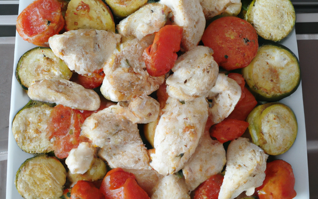Blancs de poulet, tomates grillées et courgettes marinées