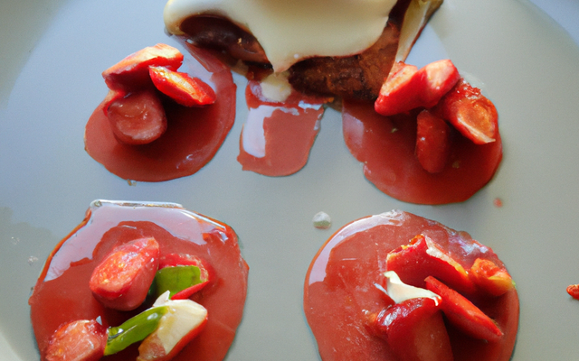 Ensoleillée de fraises à la croque en sucre une goutte de vin rouge de sauge sa crème glacée de brousse de mon chevrier