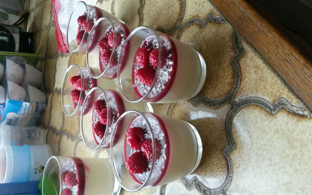 Panna cotta au chocolat blanc et son coulis de framboises au basilic