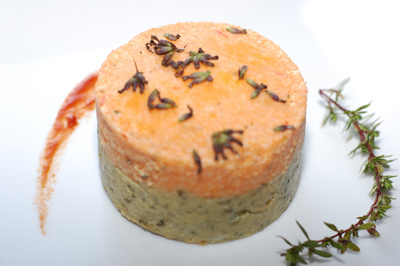 Caviar de courgette à la grecque sur gâteau de courgette parfum cumin cannelle