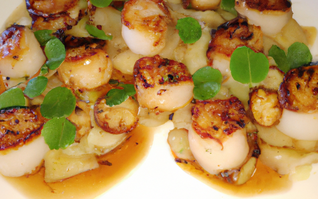 Coquilles St Jacques rôties au miel en habit de noix de coco, poireaux brillants au parfum de réglisse