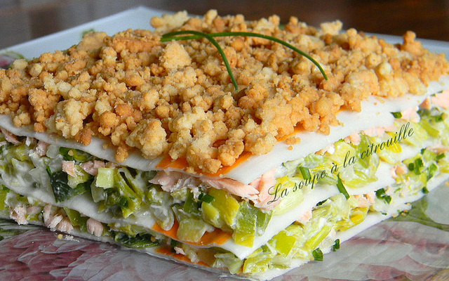 Lasagnes de surimi au saumon et aux poireaux