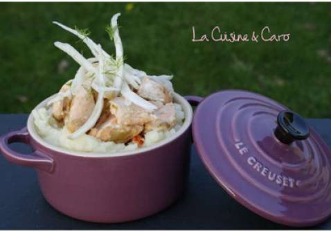 Cassolette de saumon en cru-cuit de fenouil sur purée au raifort