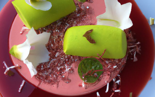 Crème au chocolat blanc, mousse citron vert et gelée d'hibiscus