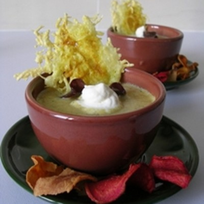 Soupe maïs, champignons, coriandre