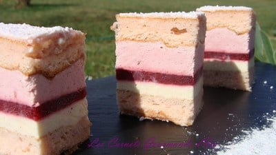 Entremet ivoire framboises au biscuit rose
