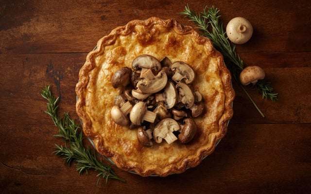 Tourte automnale aux pleurotes, vesses de loup perlées châtaignes et canard