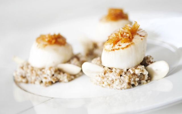Noix de Saint-Jacques rôties au caramel ambré de fructose, parfum de citron jaune et risotto d'épeautre aux amandes fraîches