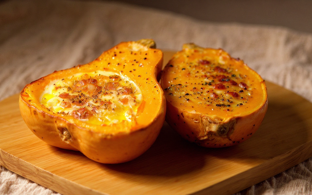 Courge butternut rôtie, lardons, crème et ses épices