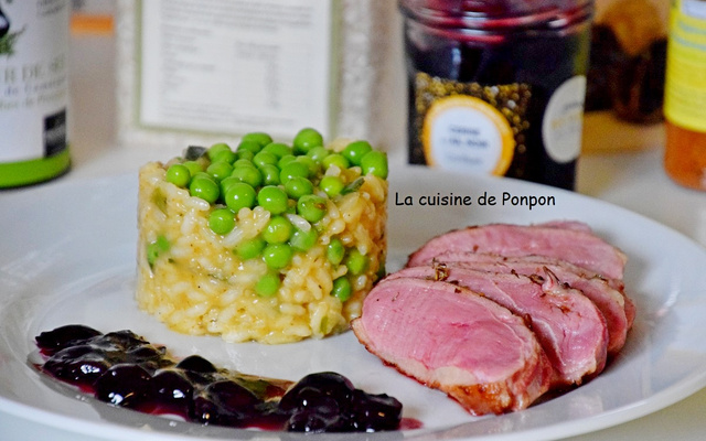 Magret de canard cuit à basse température et risotto aux petits pois
