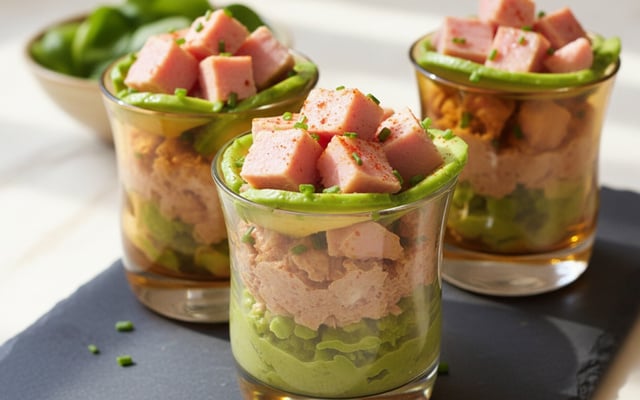 Verrines à l'avocat, thon et St Moret