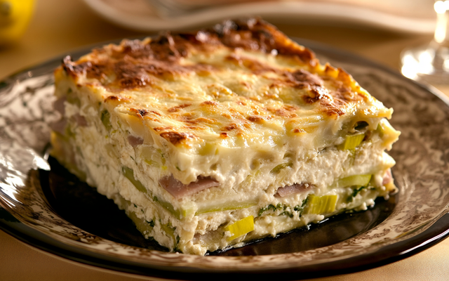 Lasagnes aux poireaux, jambon et ricotta