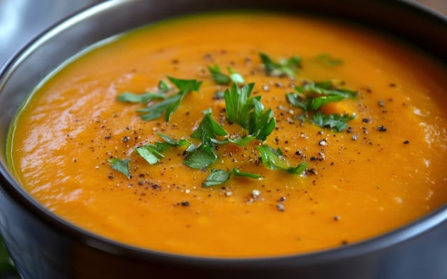 Potage pomme de terre, patate douce, curry