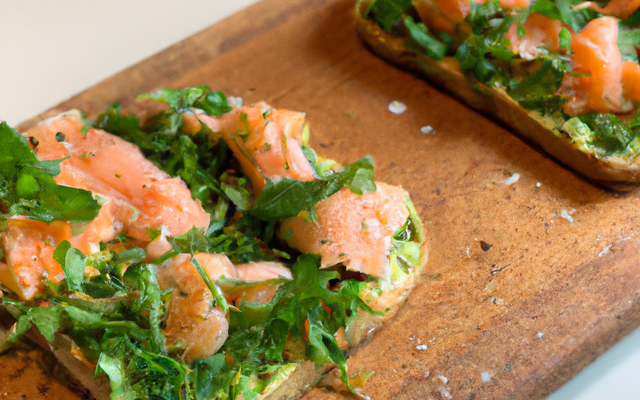 Bruschetta de saumon au pesto de roquette et origan frais