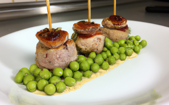 Ris de veau en brochette de réglisse, crème de petits pois