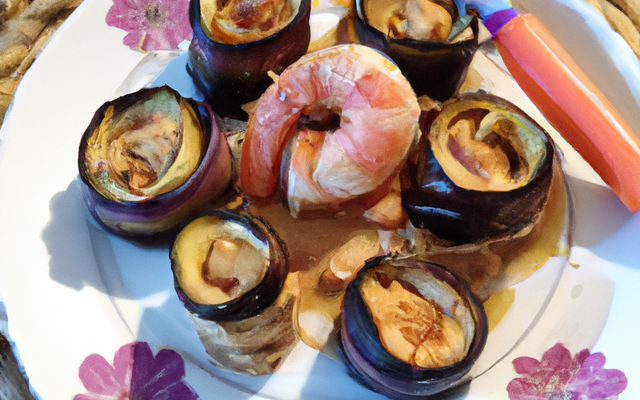 Rouleau d'aubergine au saumon et gambas