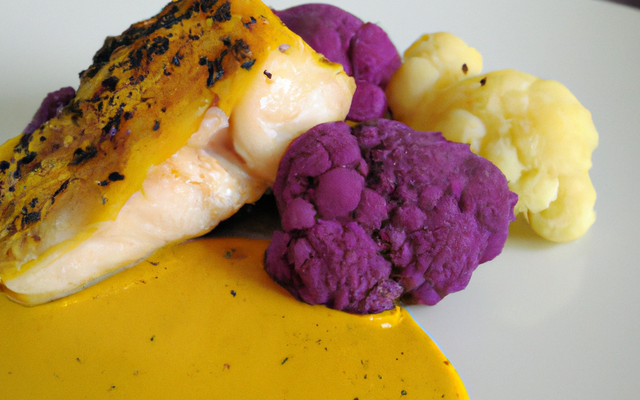 Filet de lotte laqué à la moutarde Amora et à l'orange, écrasée de chou fleur orange curcuma