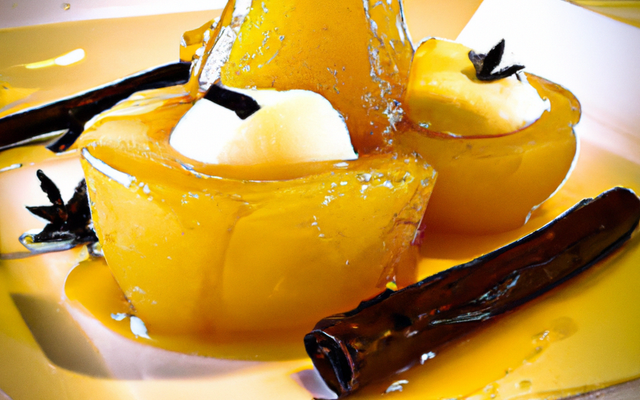 Poire pochée au vin jaune, miel,vanille et curry