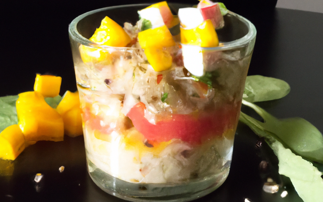 Verrine de quinoa petite salade de surimi, mangue et graines germées