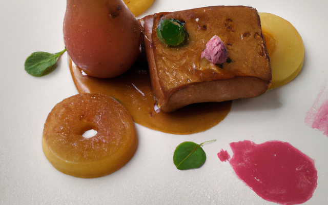 Foie gras poêlé au cacao, sauce au pineau des charentes et gelée d'espelette, poêlée de poires aux fruits confits