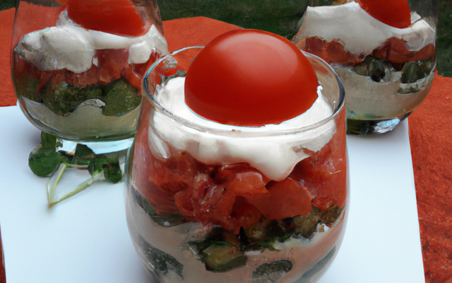 Verrines de tomates, concombre en tartare et faisselle au lait de brebis