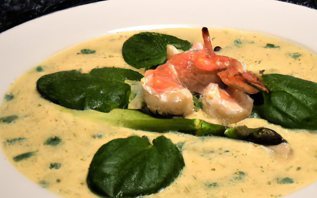 Queues de langoustine sur velouté d'artichaut - épinard