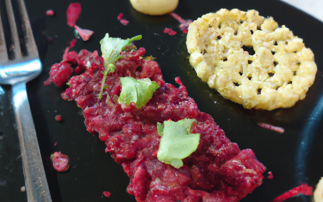 Bobine de bœuf et huîtres en tartare, croustillant de pomme et betterave crue