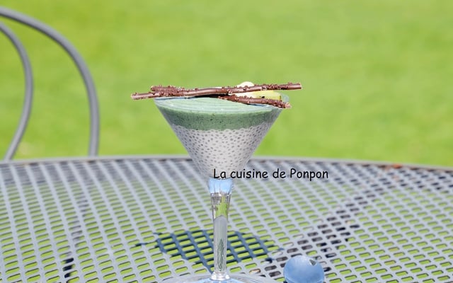 Smoothie kiwi coco et spiruline sur une crème de graines de chia au lait de coco
