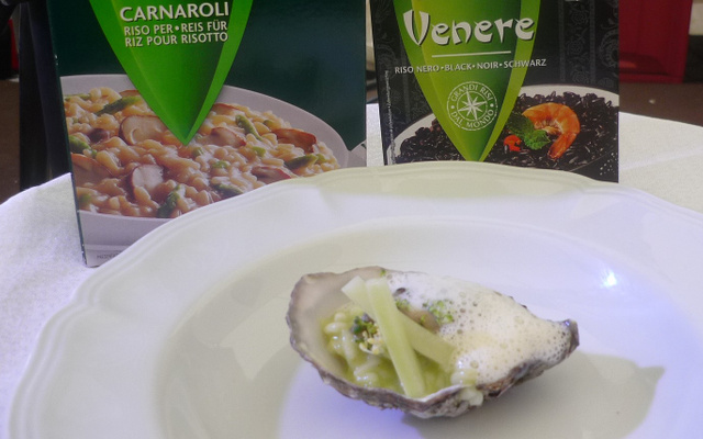 Huître Gilardeau, risotto Riso Gallo au broccoli et wazabi, émulsion de jus d'huître