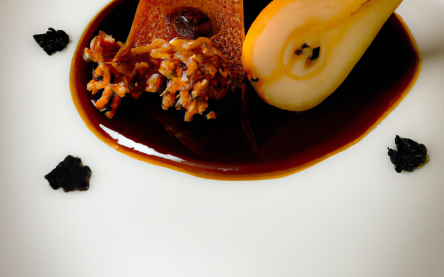 Poire pochée au miel, caramel au pommeau, tuile au carambar