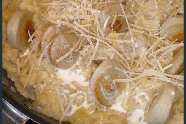 Risotto citronné au boudin blanc et oignons confits