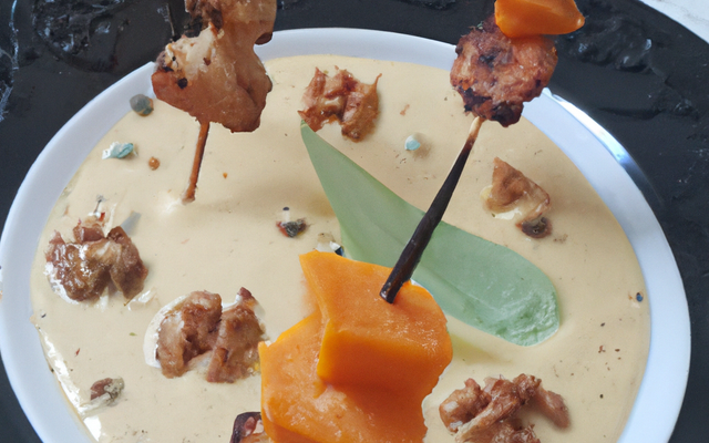 Brochettes de Saint Jacques & noix de pécans avec son velouté de potimarrons