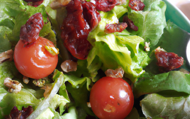 Salade verte, tomates, tomates séchées et vinaigrette au vinaigre de framboise