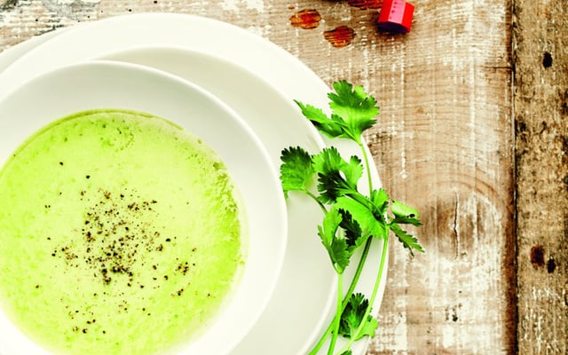 Soupe froide de cosses de petits pois à la coriandre