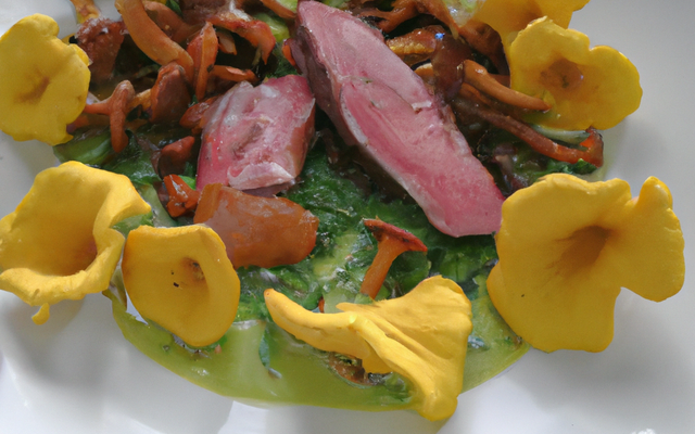 Filet de canard sauvage, moutarde verte, herbes, chanterelles