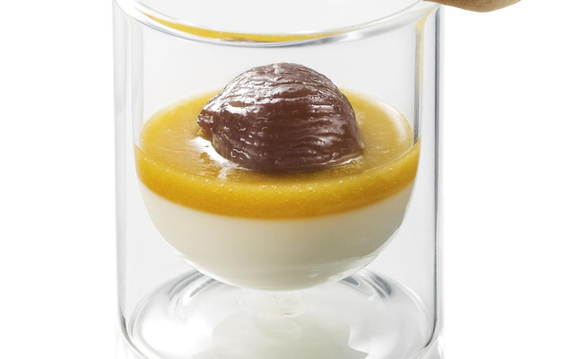 Panna cotta au lait concentré sucré, abricots et marrons confits