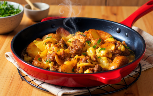 Viande hachée et pommes de terre à la poêle
