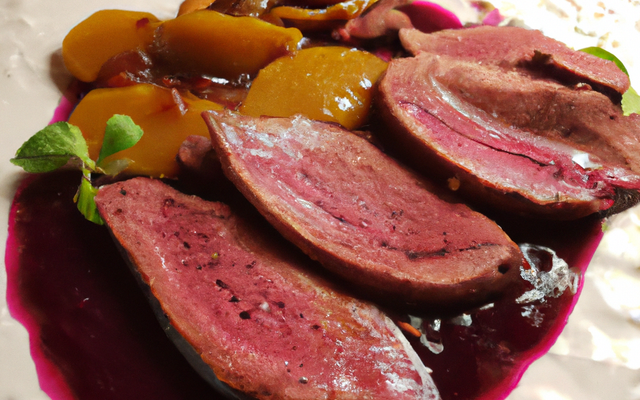 Magret de canard rôti, condiment datte citron jus de betterave-gingembre