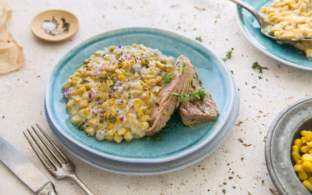 Filet de thon mariné thym & citron, maïs à la crème de pecorino