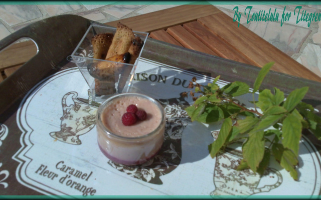 Crème dessert à la nectarine et aux éclats de framboise sur son coulis