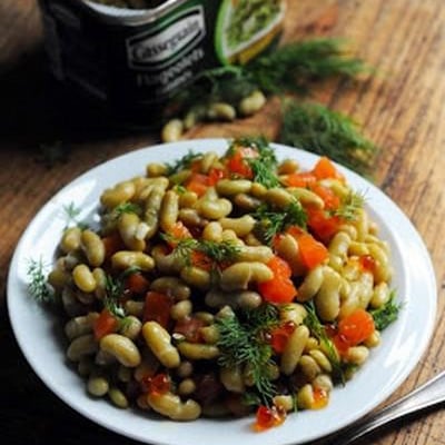 Salade de flageolets au saumon frais et fumé et à l'aneth