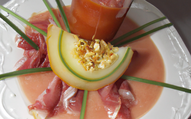 Fleur de melon, julienne de jambon, jus siroté au Pineau rouge
