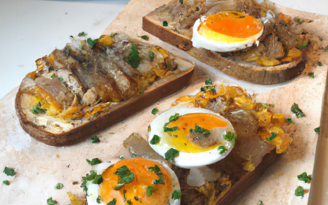 Tartine de poisson mariné à l'œuf poché et oignons frits