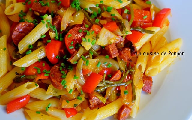 Pâtes au chorizo, poivron et salicorne