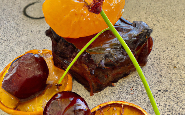 Croustillant d'oranges au chocolat fondant et ses écorces, cerises marinées au miel Corse.
