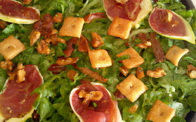 Roquette, figues et chips de pancetta en salade