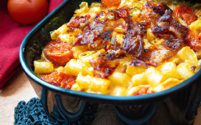 Gratin de pâtes torsades au bacon et sauce tomate